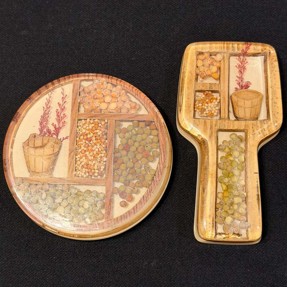 Vintage Lucite Trivet and Spoon Rest Set, Embedded Grains & Seeds, MCM Decor
